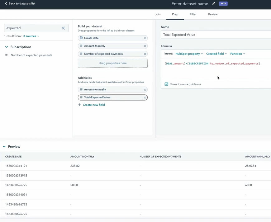 HubSpot Data Studio Create Dataset